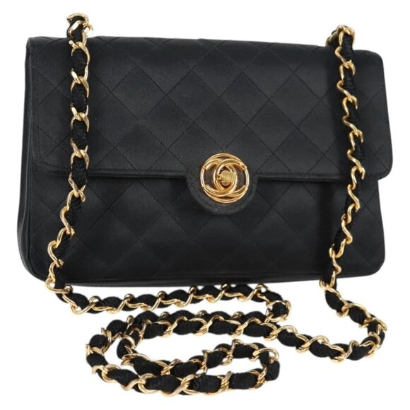 CHANEL Matelasse Chain Shoulder Bag Satin Black Gold CC Auth 134220 - Picture 1 of 16